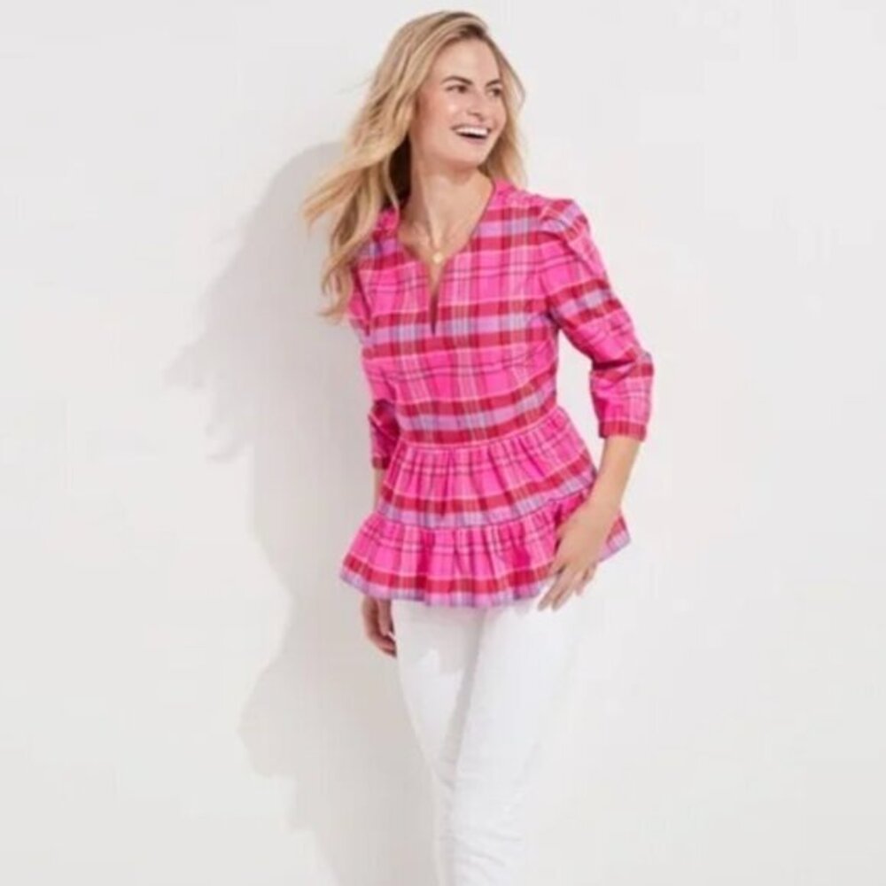 NWT Vineyard Vines Tuckernuck Pink Plaid Taffeta Blouse Size S